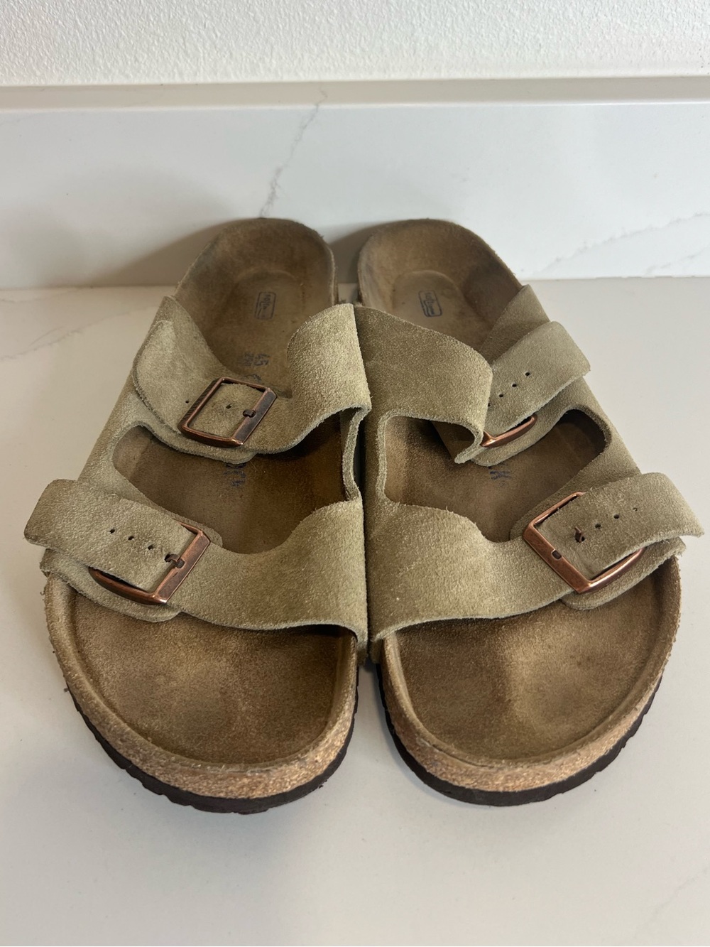 Mens Arizona Suede Double-Buckle Birkenstock Sandals in Tan size 12